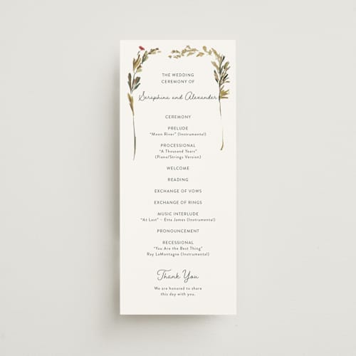 This is a garden green unique wedding programs with foil pressed by Lucrecia Caporale called coastal bloom printing on signature in standard