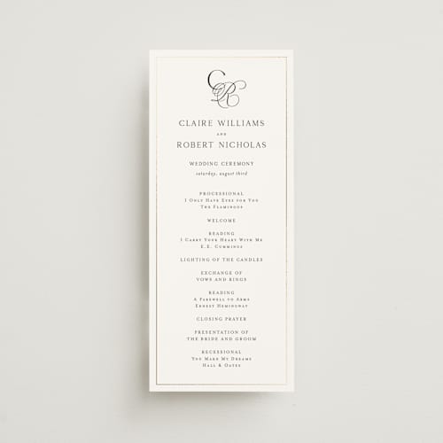 This is a silk unique wedding programs with foil pressed by Kelly Schmidt called monogram script printing on signature in standard