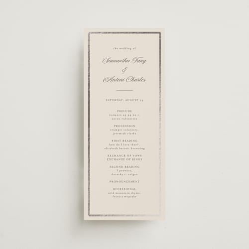 This is a antique unique wedding programs with foil pressed by Nicole Walsh called tux printing on signature in standard