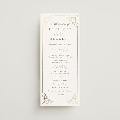 This is a pearl unique wedding programs with foil pressed by Janean Hinger called intertwined printing on signature in 4x9