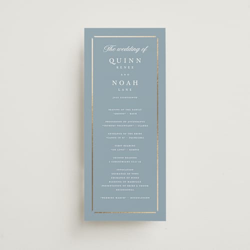 This is a dusty blue unique wedding programs with foil pressed by Stacey Meacham called elegant bevel printing on signature in 4x9