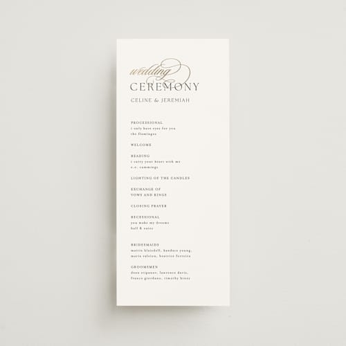 This is a silk unique wedding programs with foil pressed by Kelly Schmidt called left align printing on signature in 4x9