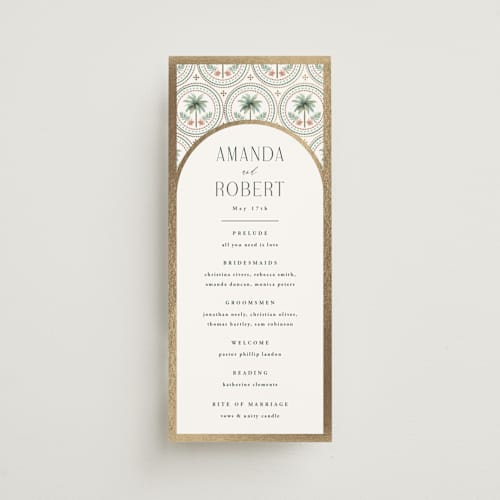 This is a sand unique wedding programs with foil pressed by Maria Alou called vintage palms printing on signature in 4x9