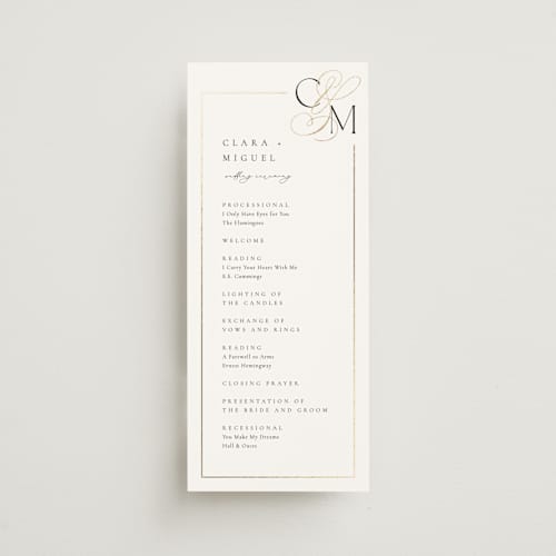 This is a silk unique wedding programs with foil pressed by Kelly Schmidt called golden ampersand printing on signature in 4x9