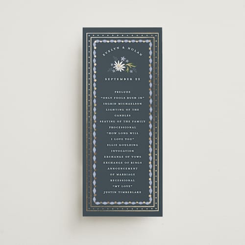 This is a periwinkle unique wedding programs with foil pressed by Erin German called sadie printing on signature in 4x9