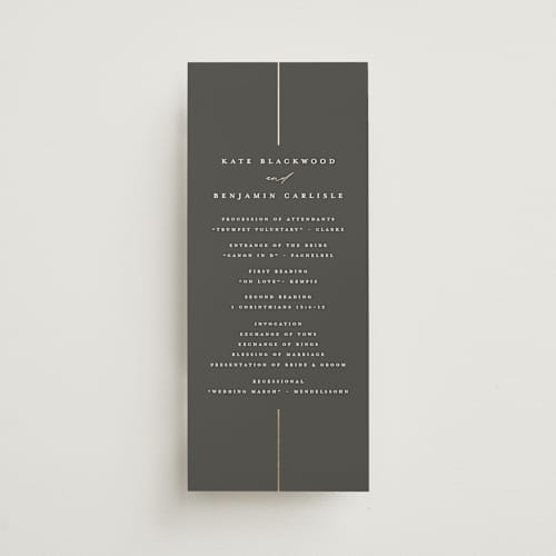 This is a iron unique wedding programs with foil pressed by Erica Krystek called formal lines printing on signature in 4x9