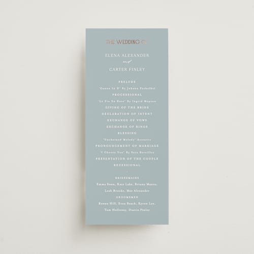 This is a provincial unique wedding programs with foil pressed by Angela Thompson called gilded edge printing on signature in 4x9
