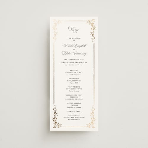 This is a diamond unique wedding programs with foil pressed by Kate Ahn called lake como printing on signature in 4x9