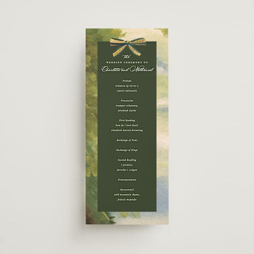 This is a golden unique wedding programs with foil pressed by Claudia Orengo called tuileries printing on signature in 4x9
