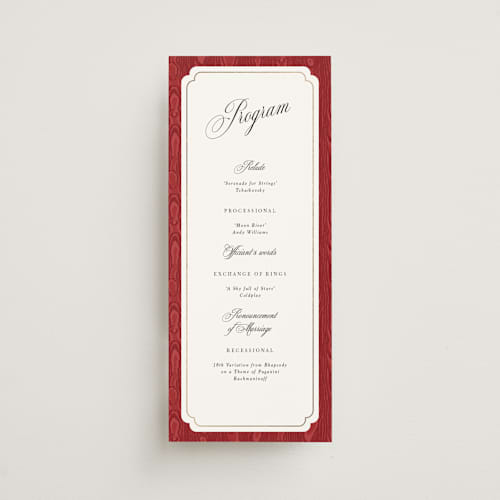 This is a crimson unique wedding programs with foil pressed by Studio Suku called moiré printing on signature in standard
