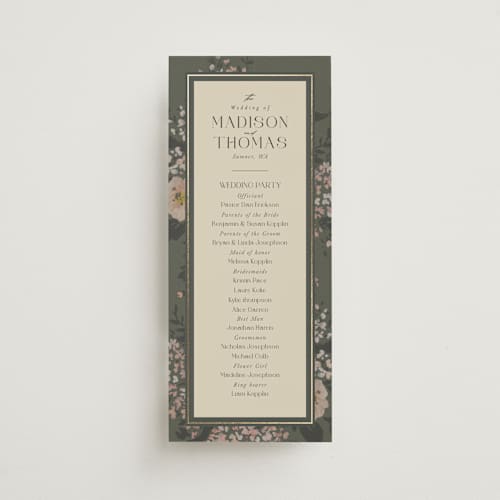 This is a thyme unique wedding programs with foil pressed by Itsy Belle Studio called madison printing on signature in 4x9