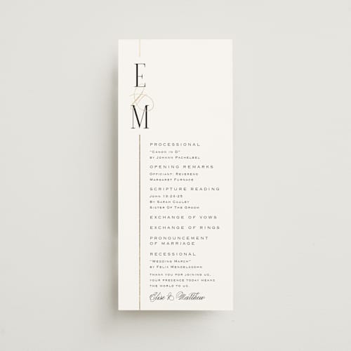 This is a silk unique wedding programs with foil pressed by Laura Hankins called linear printing on signature in 4x9