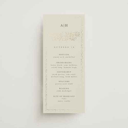 This is a taupe unique wedding programs with foil pressed by Hannah Williams called foil botanical frame printing on signature in 4x9