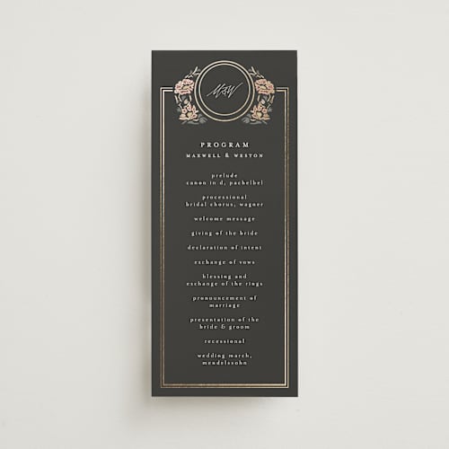 This is a ebony unique wedding programs with foil pressed by Ana de Sousa called timeless nature printing on signature in 4x9