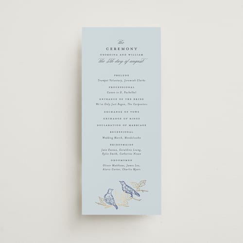 This is a cornflower unique wedding programs with foil pressed by Grae called meet me in the garden printing on signature in 4x9