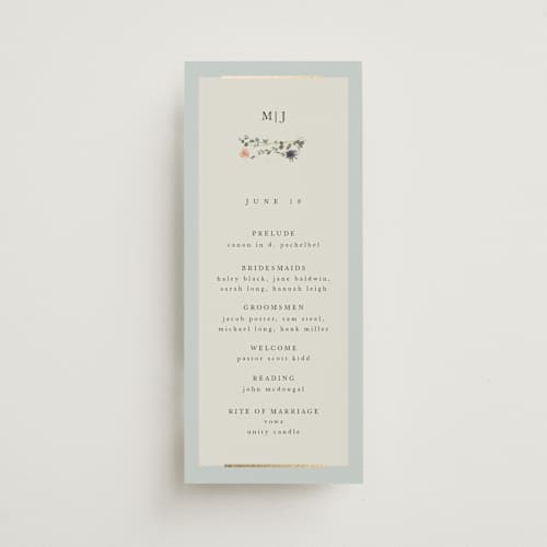This is a mist unique wedding programs with foil pressed by Hannah Williams called blue garden printing on signature in 4x9