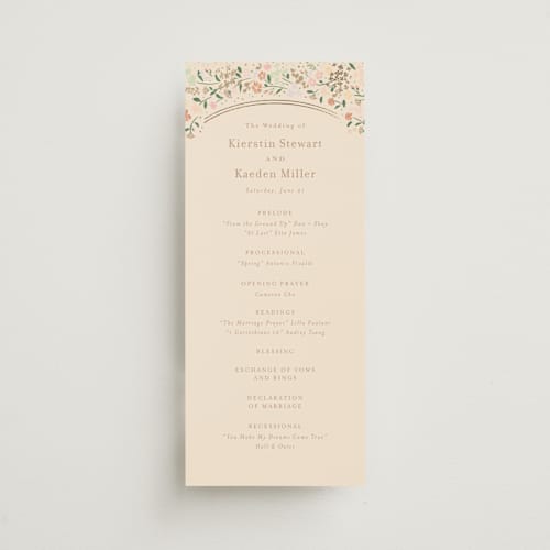 This is a ivory unique wedding programs with foil pressed by Jennifer Wick called esther's garden printing on signature in 4x9