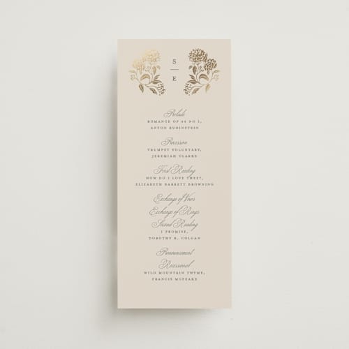 This is a tea time unique wedding programs with foil pressed by Susan Zinader called shimmering hydrangeas printing on signature in 4x9