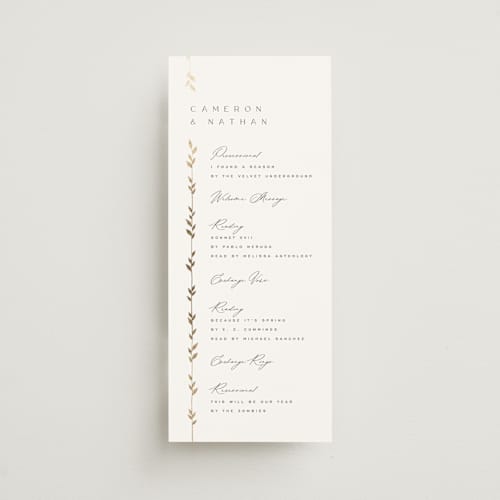 This is a lily unique wedding programs with foil pressed by Owl and Toad called courtyard printing on signature in 4x9