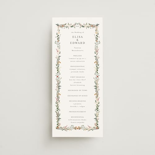This is a blush unique wedding programs with foil pressed by Susan Moyal called blooming vine printing on signature in 4x9