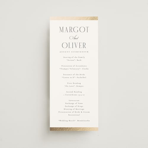 This is a quartz unique wedding programs with foil pressed by Kristie Kern called the ritz printing on signature in 4x9