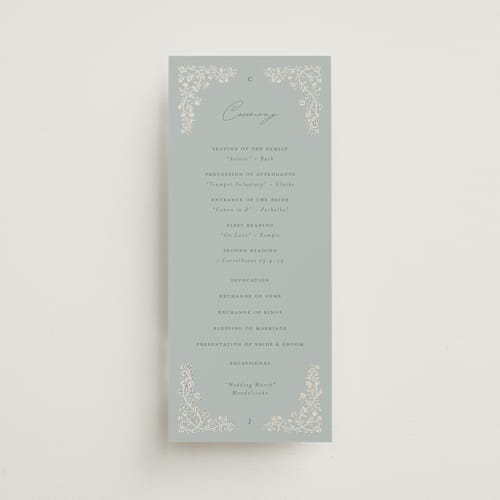 This is a something blue unique wedding programs with foil pressed by Gwen Bedat called floral romance printing on signature in 4x9