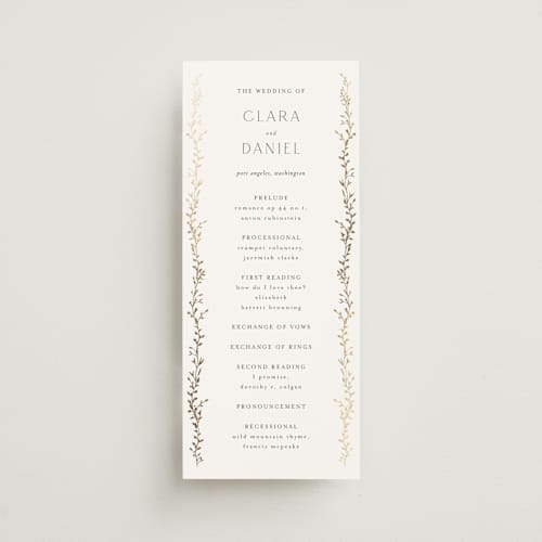 This is a alabaster unique wedding programs with foil pressed by Susan Moyal called delicate vine printing on signature in 4x9