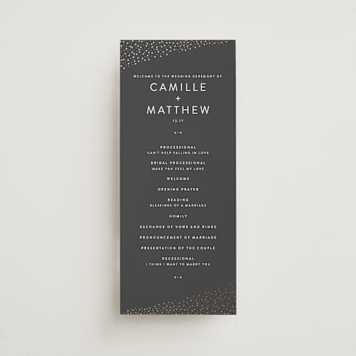 This is a soft black unique wedding programs with foil pressed by Camille Robinson called modern glam printing on signature in 4x9