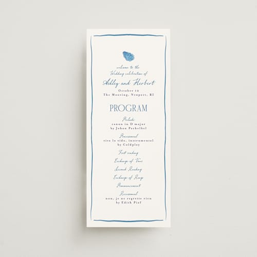 This is a cerulean unique wedding programs with standard by Tamara Hilje called positano printing on signature in standard