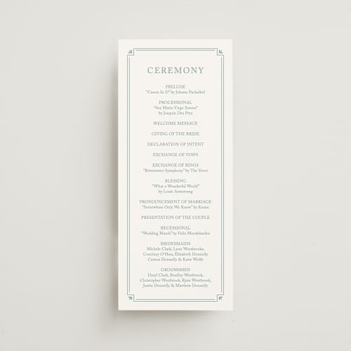 This is a french unique wedding programs with standard by Carolyn MacLaren called fleur corner printing on signature in standard