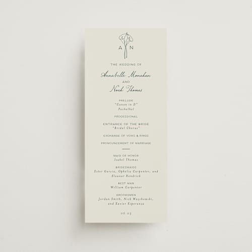 This is a sage unique wedding programs with standard by Leah Bisch called pair of calla lilies printing on signature in standard
