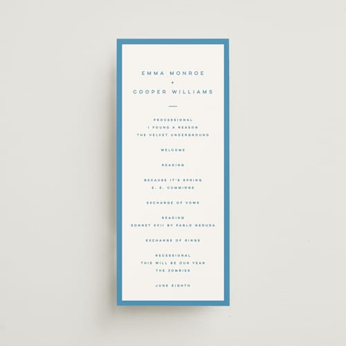 This is a cerulean unique wedding programs with standard by Kristie Kern called the emma printing on signature in standard
