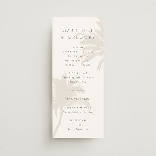 This is a ecru unique wedding programs with standard by AK Graphics called palm printing on signature in standard