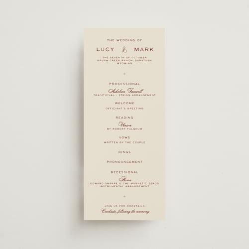 This is a rust unique wedding programs with standard by Ani Somi called rose ink printing on signature in standard