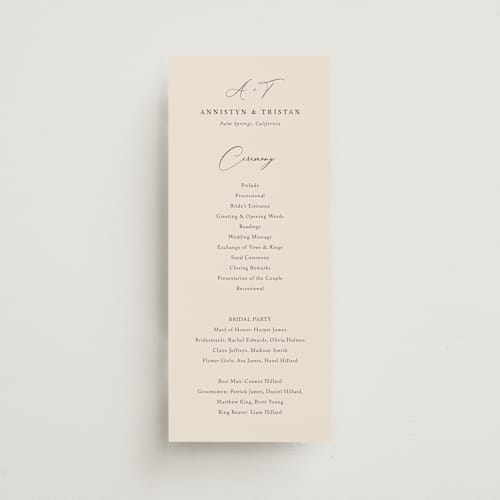 This is a mocha unique wedding programs with standard by Jennifer Postorino called love story printing on signature in 4x9