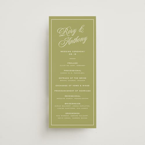 This is a olive unique wedding programs with standard by Ellen Schlegelmilch called rory printing on signature in standard