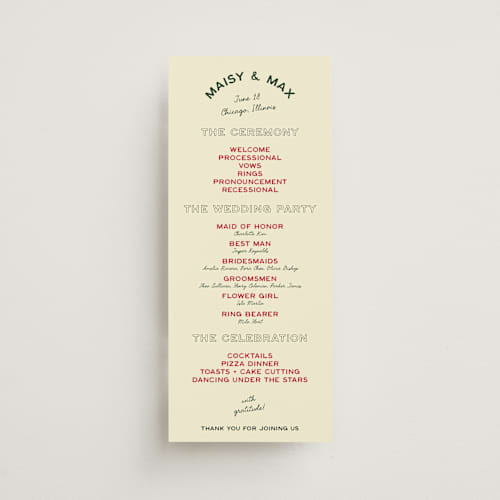This is a pizzeria unique wedding programs with standard by Ani Somi called trattoria printing on signature in standard
