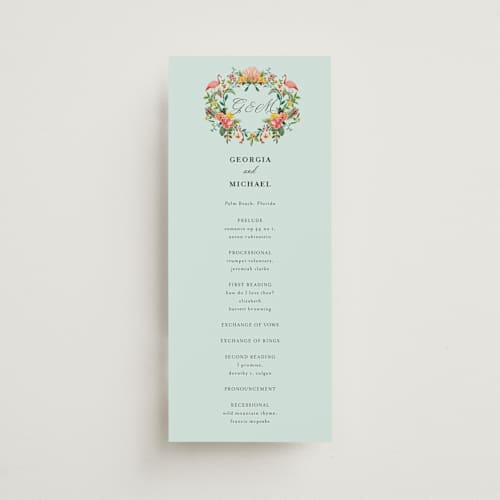 This is a papaya unique wedding programs with standard by Susan Moyal called tropical crest printing on signature in 4x9