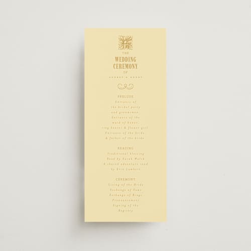 This is a butter unique wedding programs with standard by Nazia Hyder called vintage label printing on signature in 4x9