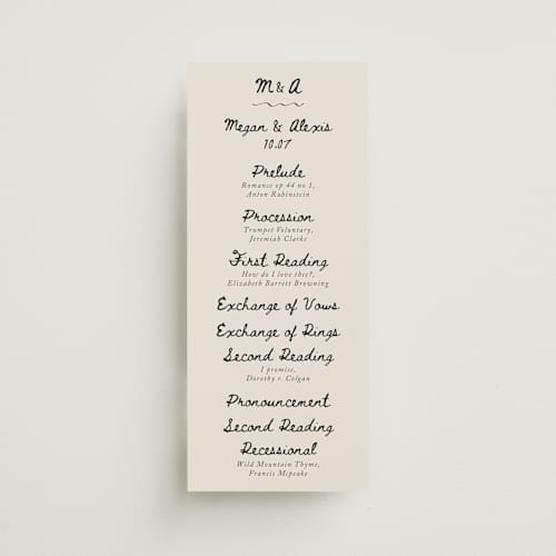 This is a lace unique wedding programs with standard by Cass Loh called simple monogram printing on signature in 4x9