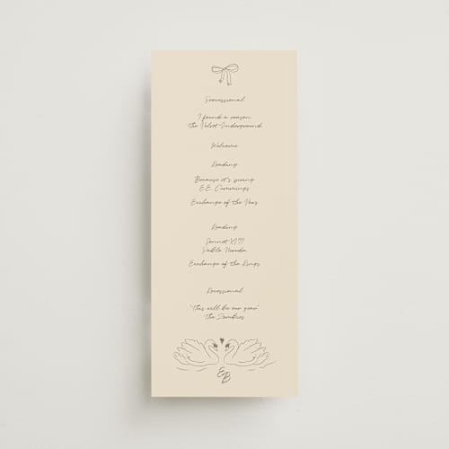 This is a buttercream unique wedding programs with standard by Helena Vitto called the swan printing on signature in 4x9