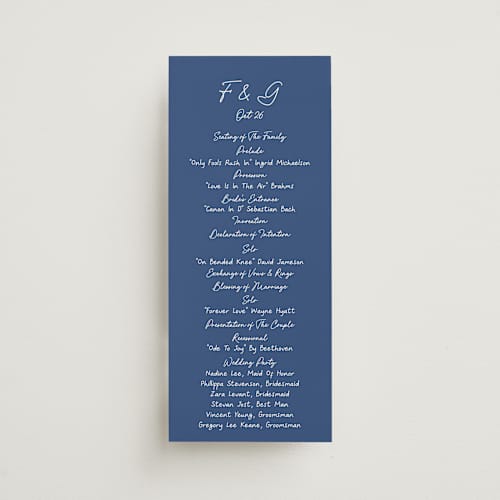 This is a santorini unique wedding programs with standard by chocomocacino called strazzate printing on signature in 4x9