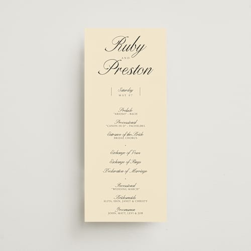 This is a sunshine unique wedding programs with standard by Jen Ramsey called elegant and formal printing on signature in 4x9