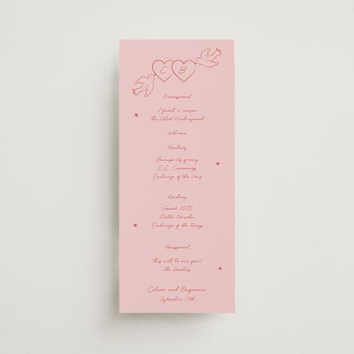 This is a peach unique wedding programs with standard by Helena Vitto called the bird song printing on signature in 4x9