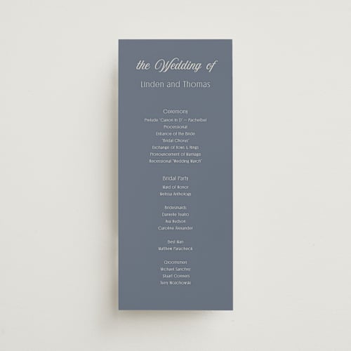 This is a french blue unique wedding programs with standard by Nicoletta Savod called ritzy printing on signature in 4x9