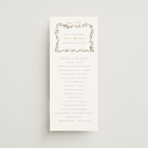 This is a blush unique wedding programs with standard by Itsy Belle Studio called ribbonly frame printing on signature in 4x9