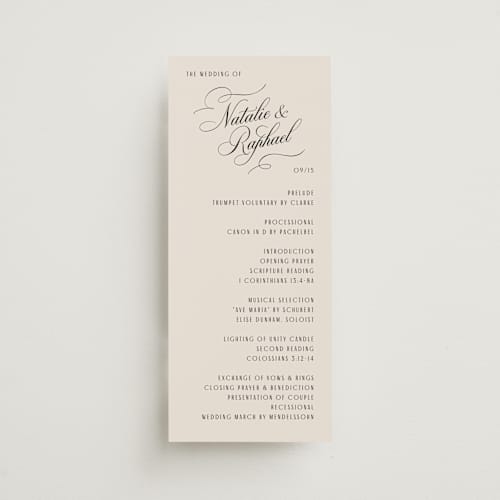 This is a black tie unique wedding programs with standard by Hooray Creative called scripted names printing on signature in standard