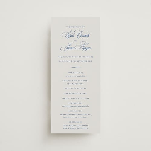 This is a blue mist unique wedding programs with standard by Design Lotus called amalfi blue printing on signature in standard