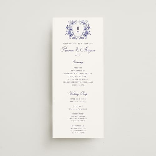 This is a plum unique wedding programs with standard by Cass Loh called blooming crest printing on signature in standard