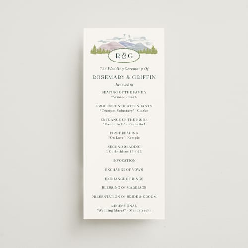 This is a pine unique wedding programs with standard by Paper Sun Studio called river valley printing on signature in standard